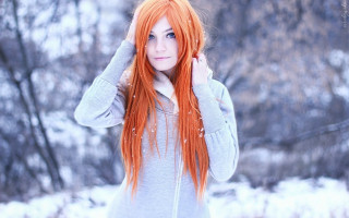 Woman red hair snow hands - long red hair free wallpaper
