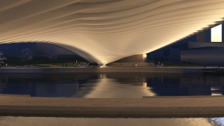Large white structure night pool - hypermodernism free wallpaper