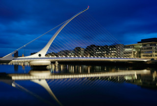 Bridge water buildings night blue - modernism free wallpaper
