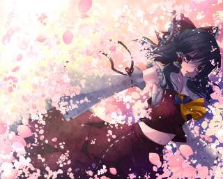 Woman sword pink background flowers - autodestructive art free wallpaper