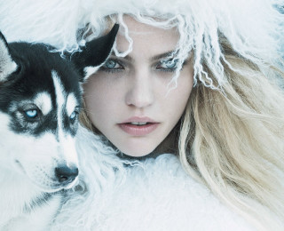 Woman husky white fur coat - a husky dog free wallpaper