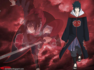 Anime characters red black background - one holding free wallpaper