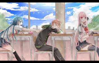 Anime characters sitting table restaurant - neoromanticism free wallpaper