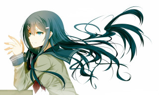 Woman holding hand aqua eyes - a white background behind her free wallpaper
