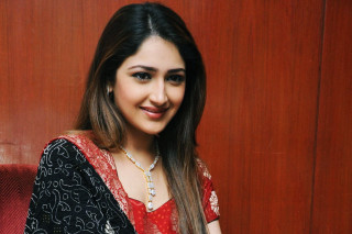 Woman red black sari smiling - a wooden wall behind her free wallpaper