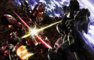 Robots fighting space planet clouds - mecha free wallpaper