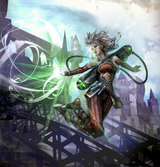 Woman flying green object futuristic - futuristic free wallpaper