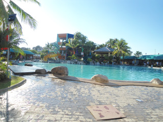 Large swimming pool crowded trees - sunny day free wallpaper