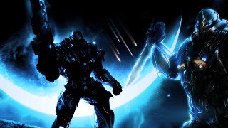 Robots fighting space moon blue - a moon in the background free wallpaper