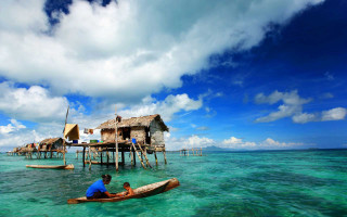 Man child boat house stilts - ding guanpeng free wallpaper
