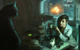 Man sitting table cat coffee - dystopian art free wallpaper