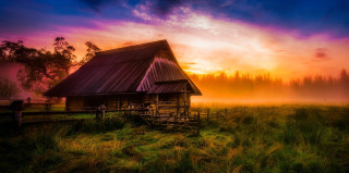 House field fence trees sunset - a colorful sky free wallpaper