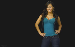 Woman blue top jeans posing - her hip free wallpaper