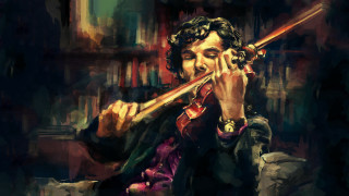 Man playing violin bookshelves room - analytical free wallpaper