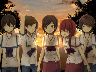 Anime girls sunset sky trees 2 - tree and a body of water free wallpaper