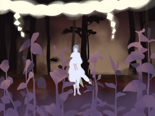 Woman white dress walking forest - purple flower and trees free wallpaper