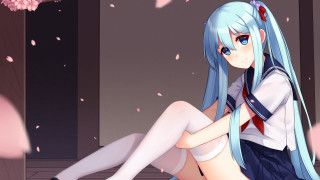 Blue hair anime girl sitting - her leg free wallpaper