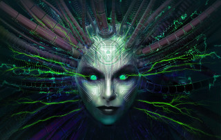 Futuristic android green eyes circuitboard - cybernetic free wallpaper