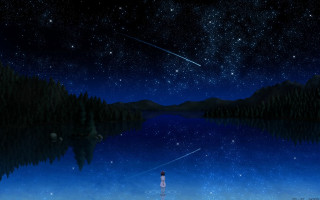 Person lake night sky stars 2 - ufotable free wallpaper