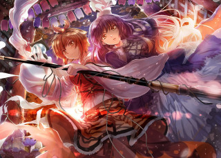 Anime couple sword demon background - their hand and a demon in the background free wallpaper