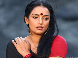 Woman black hair red shirt 3 - her chest free wallpaper