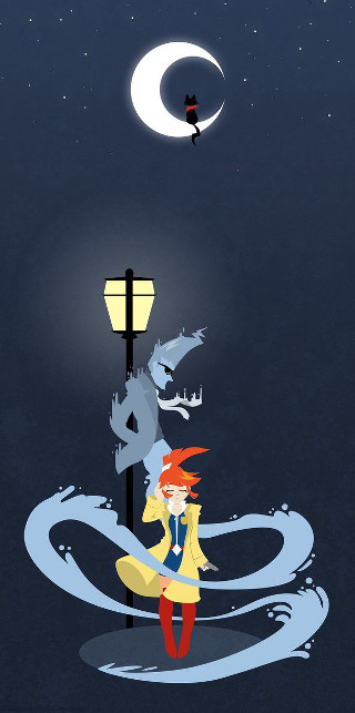 Woman streetlight moon dragon flying - fantasy art free wallpaper