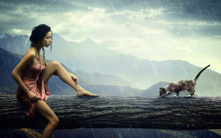 Woman tree branch cat walking - surreal photography free wallpaper