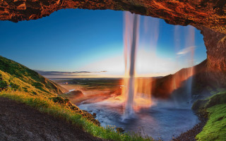Waterfall cave mountains sunset blue - waterfall free wallpaper