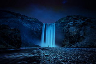 Waterfall person night fullmoon sky - the water free wallpaper