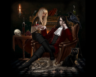 Woman cat bird chair wine - anne stokes free wallpaper for desktop