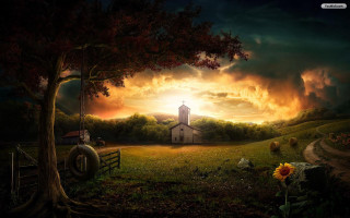 Church field tree fence sunset - a sunset in the background free wallpaper