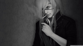 Blonde woman glasses smoking cigarette - a wall behind her free wallpaper