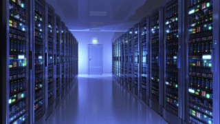 Data center blue lit hallway - a long hallway free wallpaper