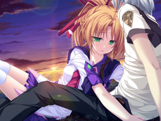 Anime couple sitting grass night - the sun setting free wallpaper