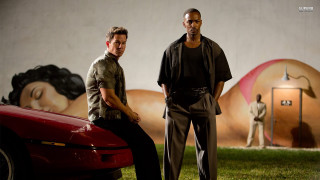 Two men red car mural 2 - derold page free wallpaper