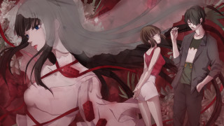 Anime couple red background flowers - neoromanticism free wallpaper