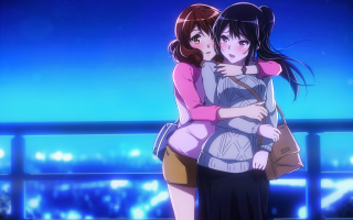 Girls hugging cityscape night lights - night time free wallpaper