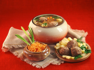 Soup meatballs vegetables red tablecloth - a red tablecloth free wallpaper