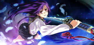 Girl purple hair holding sword - a blue sky background free wallpaper