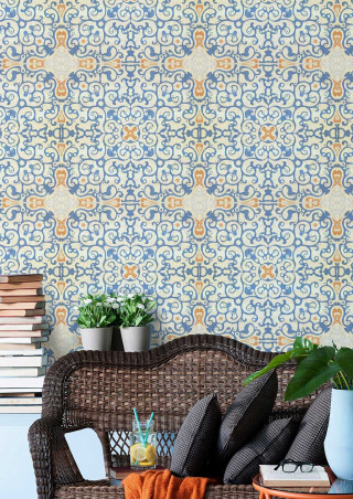 Wicker couch blue orange wallpaper - a flemish baroque free wallpaper