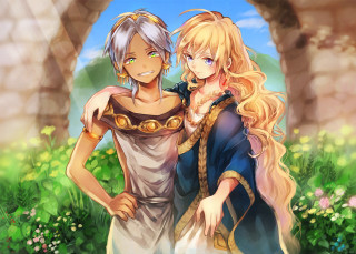 Anime characters field flowers grass - egyptian art free wallpaper