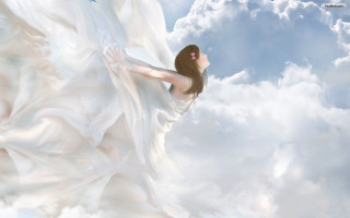 Woman white dress flying cloud - dreamlike free wallpaper