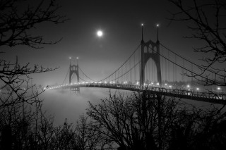 Bridge water night lights fog - dark shadow free wallpaper