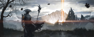 Man mountain sword light shining - a matte painting free wallpaper