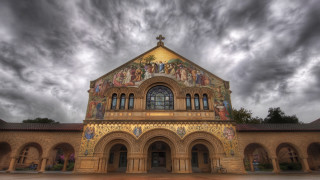 Church painting cloudy sky people - a church free wallpaper