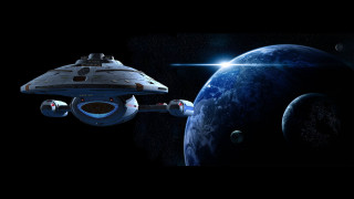 Spaceship flying planet sky star 4 - over a planet in the sky free wallpaper