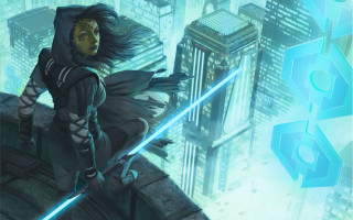 Woman black outfit sword cityscape - skyscraper free wallpaper
