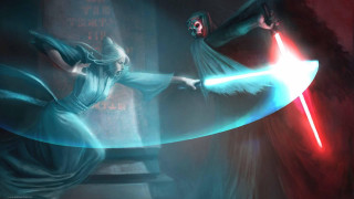 Women fighting sword dark room - a red light behind them free wallpaper