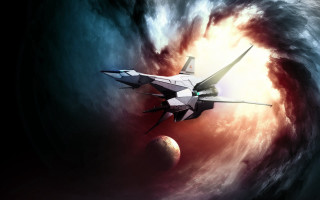 Spaceship flying vortex clouds planet - a matte painting free wallpaper