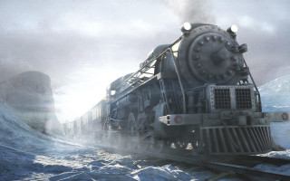 Snowy train mountain river watercraft - matte drawing free wallpaper